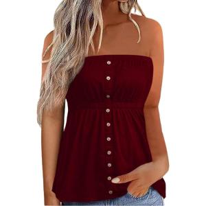 imageCHARTOU Women Bandeau Tube Top Strapless Tunic Shirt Swimsuit Beach Off The Shoulder Top Summer TankiniWine Red