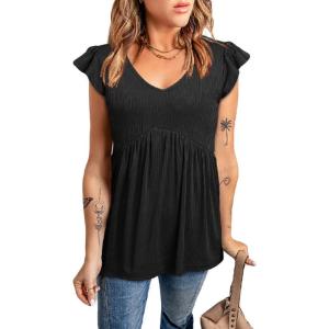 imageCHARTOU Womens Comfy V Neck Flutter Sleeve High Waist Flowy Tunic Tee Shirt TopsBlack