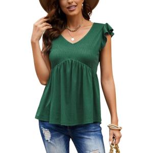 imageCHARTOU Womens Comfy V Neck Flutter Sleeve High Waist Flowy Tunic Tee Shirt TopsGreen