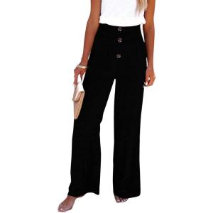imageCHARTOU Womens Summer Smocked Waist Solid Loose Fit WideLeg Cotton Linen Palazzo PantsBlack