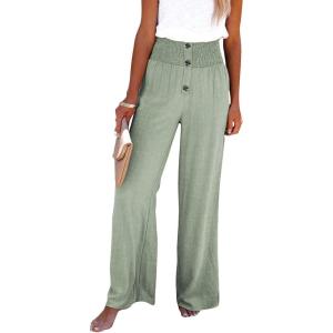 imageCHARTOU Womens Summer Smocked Waist Solid Loose Fit WideLeg Cotton Linen Palazzo PantsGreen