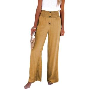 imageCHARTOU Womens Summer Smocked Waist Solid Loose Fit WideLeg Cotton Linen Palazzo PantsKhaki