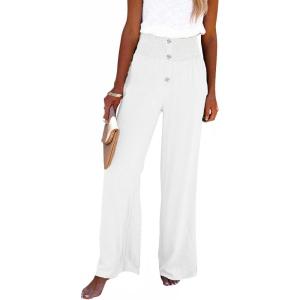 imageCHARTOU Womens Summer Smocked Waist Solid Loose Fit WideLeg Cotton Linen Palazzo PantsWhite