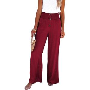 imageCHARTOU Womens Summer Smocked Waist Solid Loose Fit WideLeg Cotton Linen Palazzo PantsWine Red