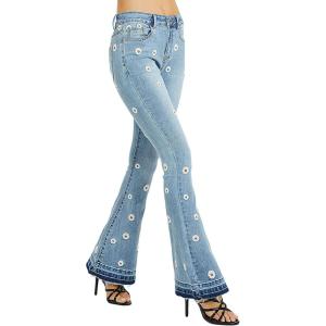 imageCHARTOU Womens Trendy Stretch Distressed Embroidered Wide Leg Denim Jeans Bell Bottom Flare PantsBlue