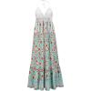 imageCHARTOU Womens Halter Crochet Boho Floral Print Sleeveless Backless Beach Ruffle Flowy Maxi DressGreen