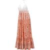 imageCHARTOU Womens Halter Crochet Boho Floral Print Sleeveless Backless Beach Ruffle Flowy Maxi DressOrange
