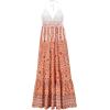 imageCHARTOU Womens Halter Crochet Boho Floral Print Sleeveless Backless Beach Ruffle Flowy Maxi DressOrange
