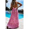 imageCHARTOU Womens Halter Crochet Boho Floral Print Sleeveless Backless Beach Ruffle Flowy Maxi DressPink