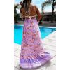 imageCHARTOU Womens Halter Crochet Boho Floral Print Sleeveless Backless Beach Ruffle Flowy Maxi DressPurple