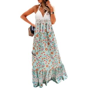 imageCHARTOU Womens Halter Crochet Boho Floral Print Sleeveless Backless Beach Ruffle Flowy Maxi DressGreen