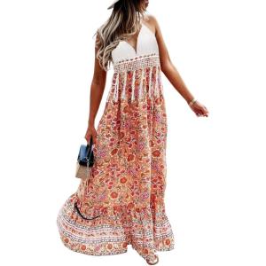 imageCHARTOU Womens Halter Crochet Boho Floral Print Sleeveless Backless Beach Ruffle Flowy Maxi DressOrange