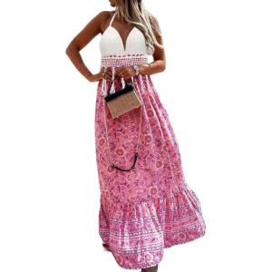 imageCHARTOU Womens Halter Crochet Boho Floral Print Sleeveless Backless Beach Ruffle Flowy Maxi DressPink
