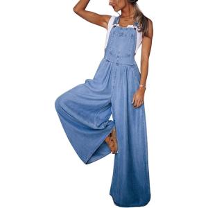 imageCHARTOU Womens Summer Chic Denim Bib Overalls Baggy Wide Leg Pants One Piece JumpsuitBlue