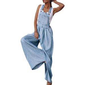 imageCHARTOU Womens Summer Chic Denim Bib Overalls Baggy Wide Leg Pants One Piece JumpsuitLight Blue
