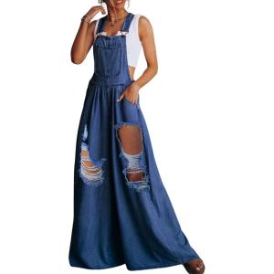 imageCHARTOU Womens Summer Chic Denim Bib Overalls Baggy Wide Leg Pants One Piece JumpsuitRip Blue