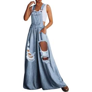 imageCHARTOU Womens Summer Chic Denim Bib Overalls Baggy Wide Leg Pants One Piece JumpsuitRip Blue2