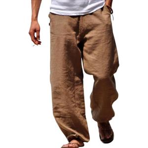 imageCHARTOU Men Casual Cotton Linen Pants Lounge Beach Pants Wide Leg Palazzo Loose Lightweight Elastic Waist TrouseBrown