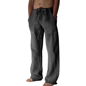 imageCHARTOU Men Casual Drawstring Cotton Linen Pants Beach Yoga Wide Leg Lounge Pants Palazzo Trousers Elastic Waist Loose SlacksBlack