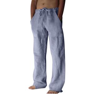 imageCHARTOU Men Casual Drawstring Cotton Linen Pants Beach Yoga Wide Leg Lounge Pants Palazzo Trousers Elastic Waist Loose SlacksBlue