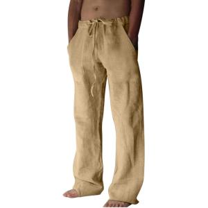 imageCHARTOU Men Casual Drawstring Cotton Linen Pants Beach Yoga Wide Leg Lounge Pants Palazzo Trousers Elastic Waist Loose SlacksKhaki