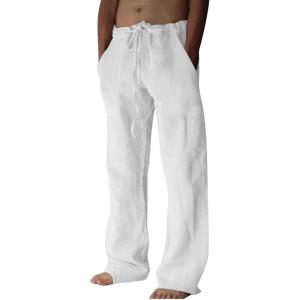 imageCHARTOU Men Casual Drawstring Cotton Linen Pants Beach Yoga Wide Leg Lounge Pants Palazzo Trousers Elastic Waist Loose SlacksWhite