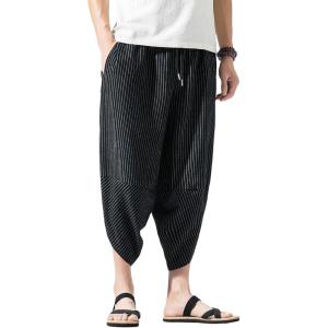 imageCHARTOU Mens Baggy Drawstring Waist Stripes WideLeg Lightweight Harem Beach Capri PantsBlack