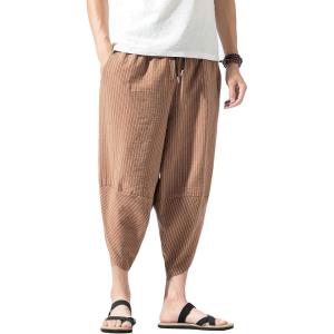 imageCHARTOU Mens Baggy Drawstring Waist Stripes WideLeg Lightweight Harem Beach Capri PantsDark Khaki