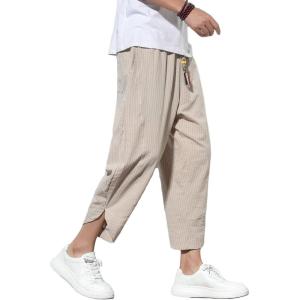 imageCHARTOU Mens Baggy Drawstring Waist WideLeg Loose Fit Lightweight Harem Crop PantsKhaki1