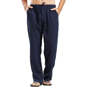 imageCHARTOU Mens Casual Stretched Drawstring MidWaist Loose Fit Lightweight Straight Leg Linen Summer Beach PantNavy