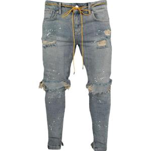 imageCHARTOU Mens Distressed Paint Splatter Zipper Tapered Leg Denim Jeans PantsBlue