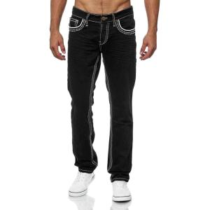 imageCHARTOU Mens Fashion Stretchy Regular Fit Mid Rise Straight Leg Long JeansBlack