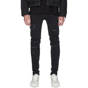imageCHARTOU Mens Vintage Destroyed Holes Patchwork Ripped Distressed Skinny Tapered Leg JeansBlack B