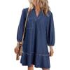 imageCHARTOU Women 34 Sleeve Ruffle Denim Dress Summer Collared V Neck Loose Shirt Jean Dress with PocketsDark Blue