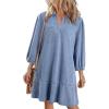imageCHARTOU Women 34 Sleeve Ruffle Denim Dress Summer Collared V Neck Loose Shirt Jean Dress with PocketsLight Blue