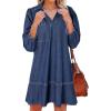 imageCHARTOU Women 34 Sleeve Ruffle Denim Dress Summer Collared V Neck Loose Shirt Jean Dress with PocketsDark Blue
