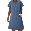 imageCHARTOU Women Denim Dress Short Sleeve Mini Jean Dress Jumper Babydoll Summer Shift DressLight Blue