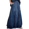imageCHARTOU Womens Retro Elastic High Waist Frayed ALine Maxi Denim Skirt with PocketsDark Blue