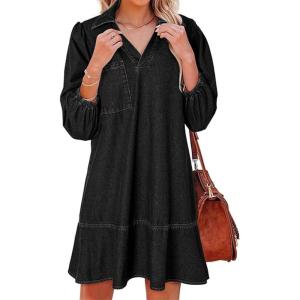 imageCHARTOU Women 34 Sleeve Ruffle Denim Dress Summer Collared V Neck Loose Shirt Jean Dress with PocketsBlack