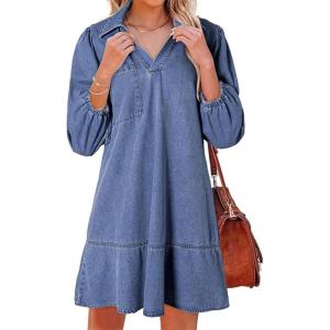 imageCHARTOU Women 34 Sleeve Ruffle Denim Dress Summer Collared V Neck Loose Shirt Jean Dress with PocketsBlue