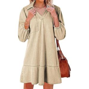 imageCHARTOU Women 34 Sleeve Ruffle Denim Dress Summer Collared V Neck Loose Shirt Jean Dress with PocketsKhaki