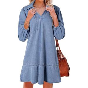 imageCHARTOU Women 34 Sleeve Ruffle Denim Dress Summer Collared V Neck Loose Shirt Jean Dress with PocketsLight Blue
