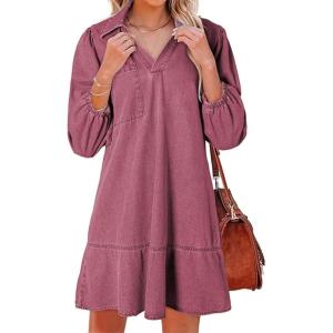 imageCHARTOU Women 34 Sleeve Ruffle Denim Dress Summer Collared V Neck Loose Shirt Jean Dress with PocketsRed