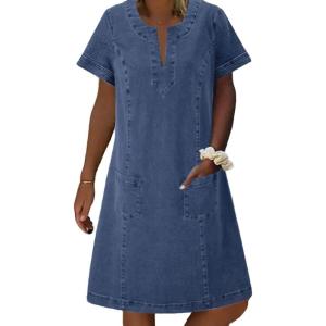 imageCHARTOU Women Denim Dress Short Sleeve Mini Jean Dress Jumper Babydoll Summer Shift DressBlue