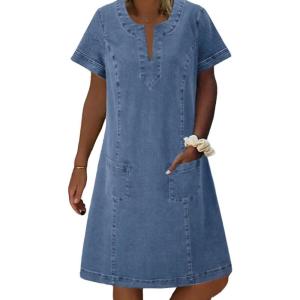 imageCHARTOU Women Denim Dress Short Sleeve Mini Jean Dress Jumper Babydoll Summer Shift DressLight Blue