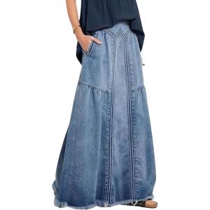 imageCHARTOU Womens Retro Elastic High Waist Frayed ALine Maxi Denim Skirt with PocketsLight Blue