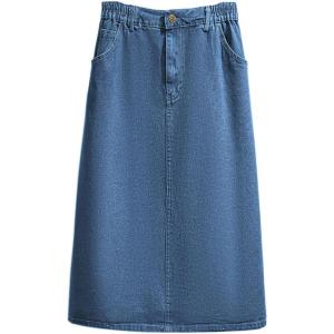 imageCHARTOU Womens Summer Casual Elastic Waist Pockets Work Midi Denim A Line SkirtBlue