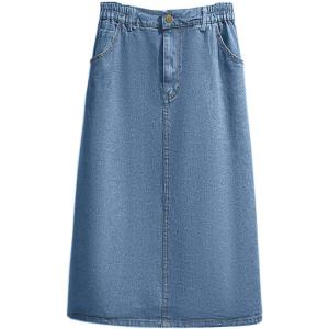 imageCHARTOU Womens Summer Casual Elastic Waist Pockets Work Midi Denim A Line SkirtLight Blue