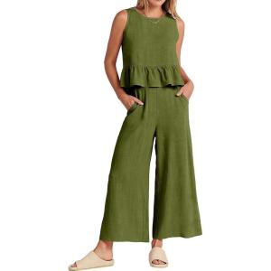 imageCHARTOU Summer Two Piece Outfits for Women Sleeveless Tank Crop Top Cami Shirt Beach Pants Matching SetsArmygreen