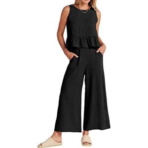 imageCHARTOU Summer Two Piece Outfits for Women Sleeveless Tank Crop Top Cami Shirt Beach Pants Matching SetsBlack